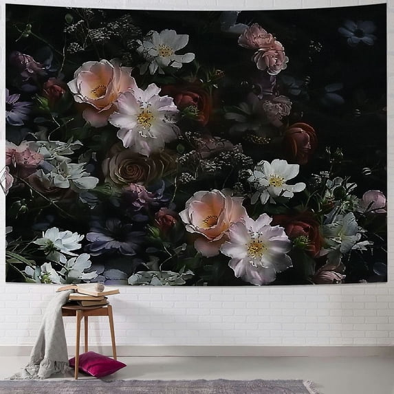 GOSMITH Black Floral Tapestry Retro Flower Blossom Rustic Rose Watercolor Peony Vintage Leaves Spring Plant Boho Woman Home Decor Wall Tapestry Hanging Art for Living Room Bedroom Painting