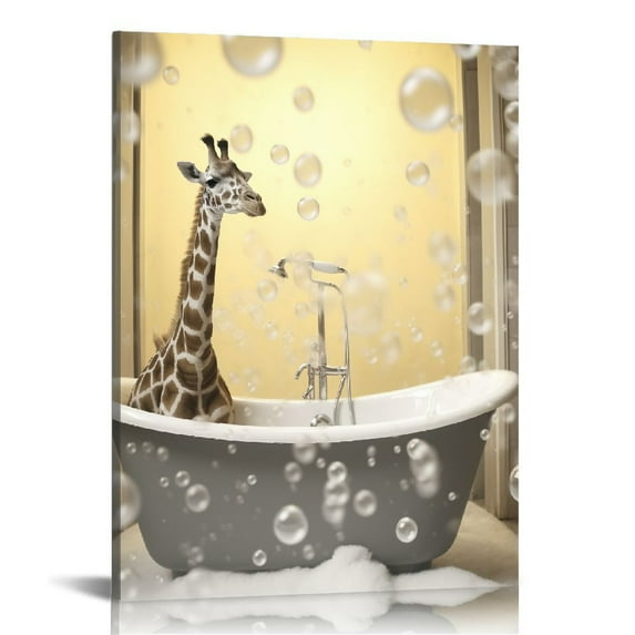 GOSMITH Black White Giraffe in Bathtub Canvas Wall Art Print Animal Picture Decor for Bedroom Bathroom (12"x16")
