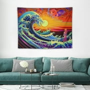 GOSMITH  Blacklight Tapestry Great Wave Tapestry UV Reactive Japanese Kanagawa Sunset Tapestry Vintage Ocean Wave Octopus Tapestry Wall Hanging for Bedroom Backdrop