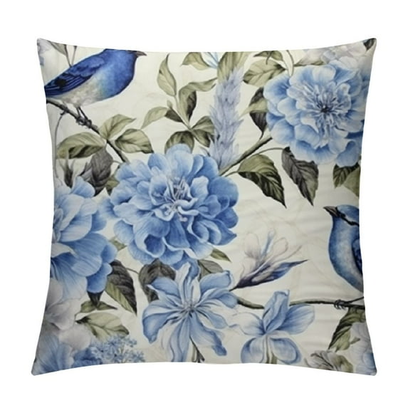GOSMITH Blue Floarl Throw Pillow Covers,Watercolor Hydrangea Bird Pillow Cases Decorative Sided Design Square Pillowcases for Home Bed Sofa Living Room Farmhouse Outdoor
