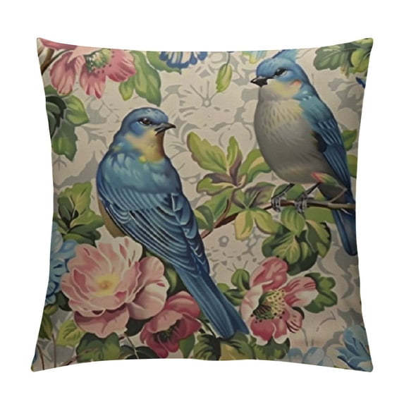 GOSMITH Blue Green Floral Pillow Covers Spring Plant Flowers Hydrangea Hibiscus Iris Bird Leaf Decorative Throw Pillow Covers Cushion Case for Home Sofa Couch Decoration White