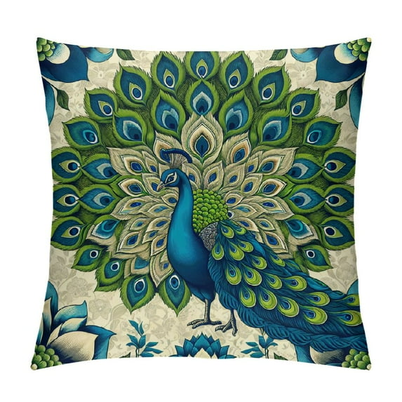GOSMITH  Blue Peacock Throw Pillow Case Beautiful Watercolor Flowers Peony Bird Feathers Gorgeous Spring Vitality Pillow Cushion Covers Home Sofa Decorative