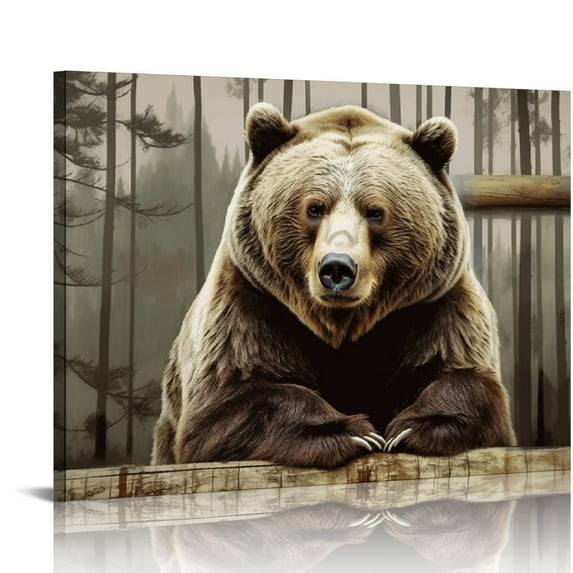GOSMITH Brown Wall Art Painting Grizzly Bear Prints On Canvas Vintage Forest Wildlife Animal Pictures Wall Art for Home Cabin Decoration Rustic Farmhouse Decor 16x20"/ 12x16"