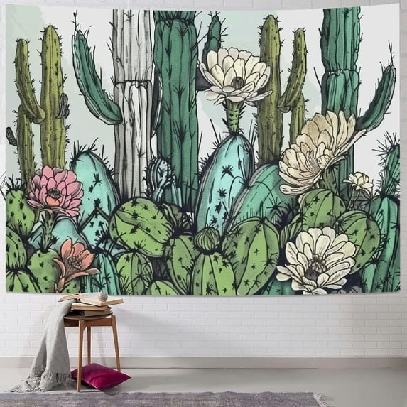 GOSMITH Cactus Tapestry Succulent White Flower Vertical Wall Hanging Wall Art Tapestry Headboard Home Decor for Living Room Bedroom Painting