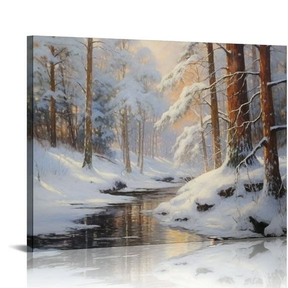 GOSMITH Canvas Print Wall Art Winter Snow River Forest Nature Wilderness Illustrations Fine Art Decorative Landscape Colorful for Living Room, Bedroom