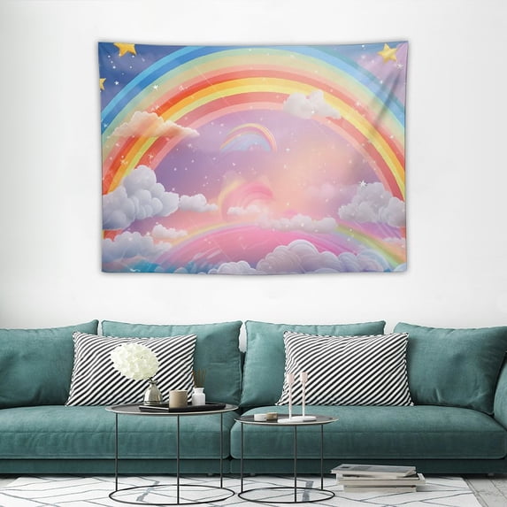 GOSMITH Cartoon Rainbow Tapestry Wall Hanging for Bedroom Aesthetics, Pink Sky Clouds Stars Tapestry Wall Decor for Living Room Dorm