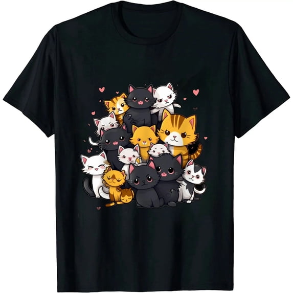 GOSMITH Cat Cute Kitty Pile Cats Anime Kawaii Neko Gift Women Girls T-Shirt black