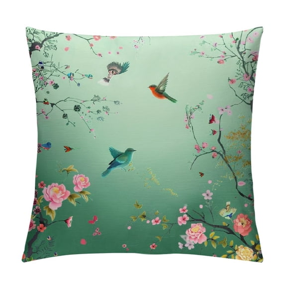Leisuo Cherry Blossoms Throw Pillow Covers Bird Spring Blooming Flowers Sakura Green Background Square Pillowcases for Home Decor Sofa Car Bedroom Pillow case White