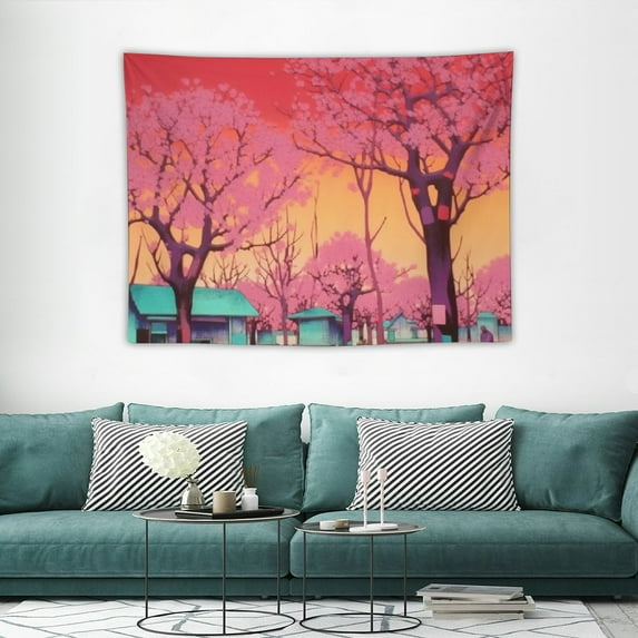 GOSMITH Cherry Blossoms Vaporwave Aesthetic Japanese Woodblock Art Pink Cool Psychedelic Trippy Hippie Decor UV Light Reactive Black Light Eco Blacklight Poster For Room