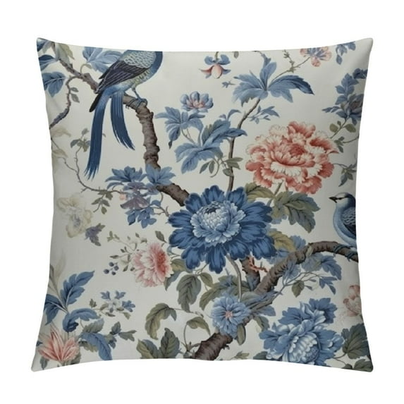 GOSMITH Chinoiserie Pillow Covers, Vintage Bule Birds Flowers Farmhouse Decorations Throw Pillow Covers Blue and White Outdoor Decorative Cushion Case for Couch Sofa Home