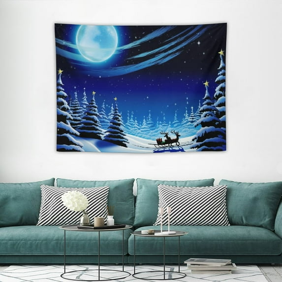 GOSMITH Christmas Flying Tapestry Reindeers Pulling Santa Claus in Full Moon Night Tapestry Wall Decor Winter Snow Forest Tapestry Wall Hanging for Bedroom Living Room Dorm Home Decor,