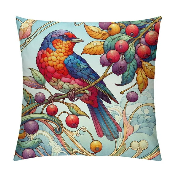 Leisuo Colorful Bird Throw Pillow Covers Tree Branch Leaves with Red&nbsp;Fruit Cushion Case Watercolor Animal Square Pillowcase Farmhouse Decorations  White