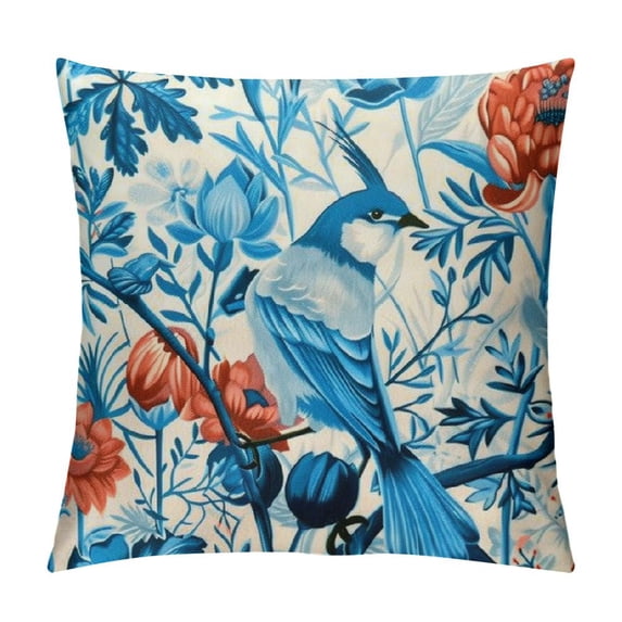 Leisuo Colorful Flowers Pillow Covers Soft Pattern for Fabric in Blue Tones Flying Birds and Flowers Watercolor Pillow Covers Modern Farmhouse Home Decor for Spring White