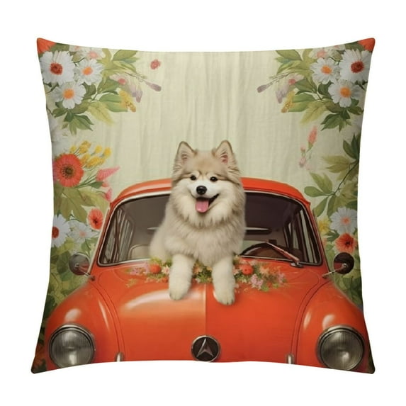 GOSMITH  Custom Name Welcome Spring Dog Throw Pillow Cover Alaskan Malamute Puppy Driving a Vintage Car Summer Flowers and Lawn Decor Home Couch Cushion Pillowcase