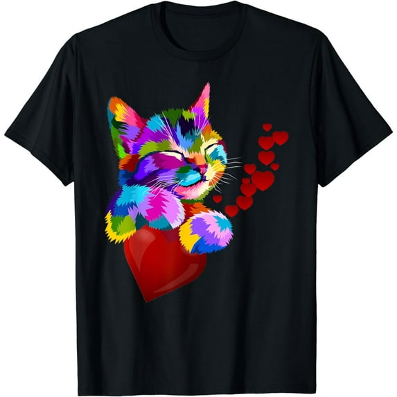 GOSMITH Cute Cat Colorful Funny Valentines Day Hearts Girls Kids T-Shirt Men