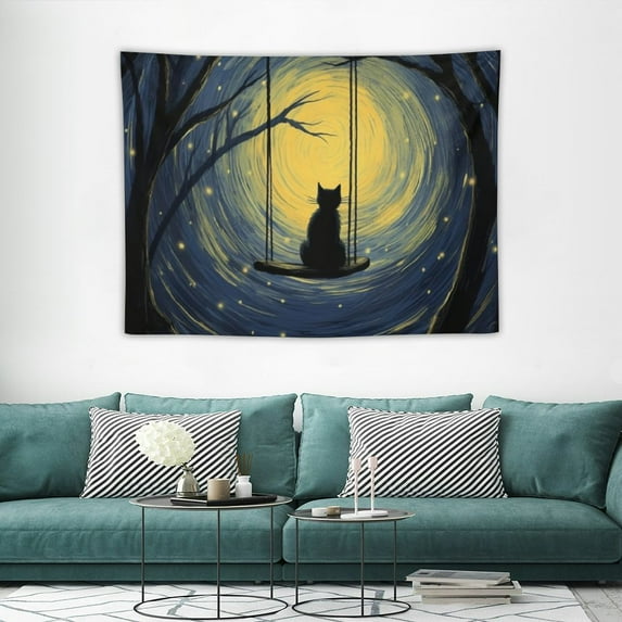 GOSMITH Cute Cat Tapestry Wall Haning for Girls Bedroom, Starry Night Yellow Blue Backdrop Moon Stars Galaxy Tapestries Wall Art Deocr, Animal Tapestry for Bedroom Living Room College Dorm Home
