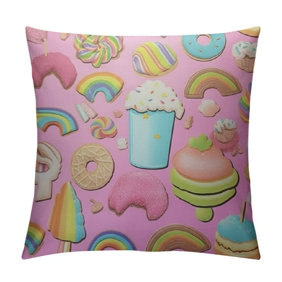 GOSMITH Cute Dessert Throw Pillow Case Cushion Covers Ice Cream Donut Candy Cake Pattern with Pink Background for Couch Bed Sofa Car Waist