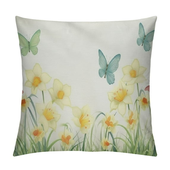 GOSMITH Daffodils Throw Pillow Cushion Cover, Daffodil Field with Butterflies Meadow and Grass Springtime Park Easter Print, Decorative Square Accent Pillow Case, Yellow Green
