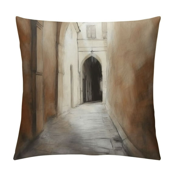 GOSMITH Designart Brown Old City Street Drawing' Landscape Printed Throw Cushion Pillow Cover for Living Room, Sofa