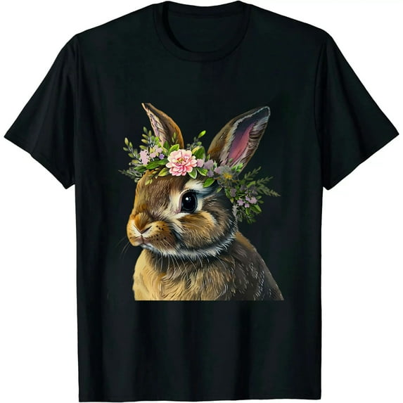 GOSMITH Easter Bunny Rabbit Women Happy Bunny Flower Graphic T-Shirt