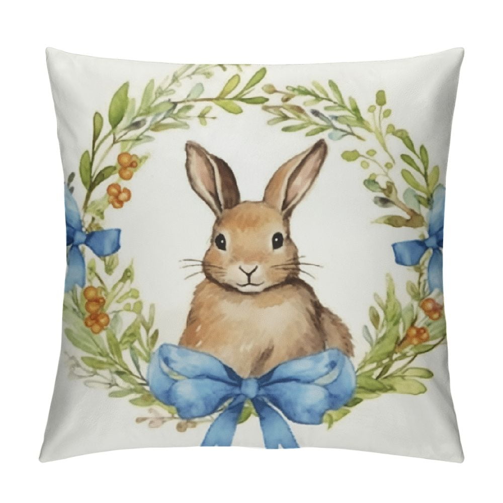 GOSMITH Easter Day Pillow Covers Gift, Bunny Floral Greenery Cushion
