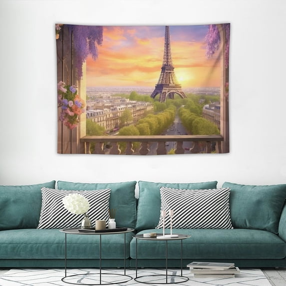 GOSMITH Eiffel Tower Tapestry Paris France Romantic City Scenery Wall Tapestry Vintage Balcony Sunset Purple Wall Hanging for Girls Bedroom Living Room Dorm Wall Art Home Party Decor