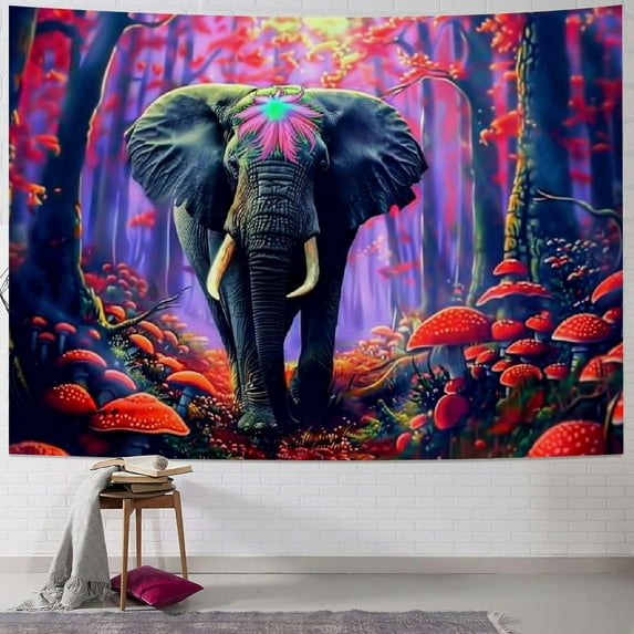 GOSMITH Elephant Tapestry Fantasy Neon Mushroom Tapestry Forest Tree Wall Tapestry Vintage Aesthetic Plant Floral Tapestry Wall Hanging for Home Decor Painting