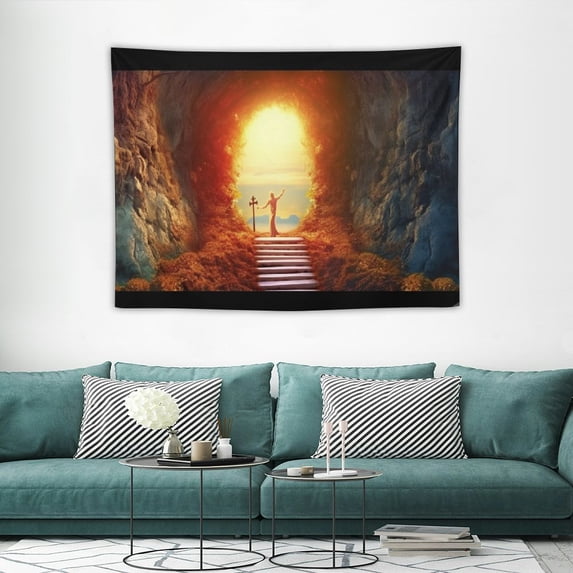 GOSMITH Empty Tomb Tapestry Crucifixion Resurrection of Jesus Christ Holy Lights Sunrise Religious Wall Hangings Cross Cave Easter Stone Wall Decor Large Tapestry for Bedroom Living Room Dorm