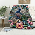 thumbnail image 1 of GOSMITH Excellent Hand Feel Beautiful Peacock with Tropical Japanese Flowers Tree Spring Surface Textures Decorative Rectangular Flannel Blanket White, 1 of 6