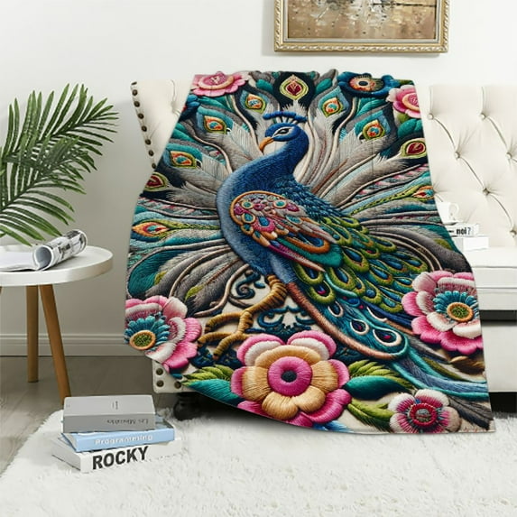 GOSMITH Excellent Hand Feel Beautiful Peacock with Tropical Japanese Flowers Tree Spring Surface Textures Decorative Rectangular Flannel Blanket White