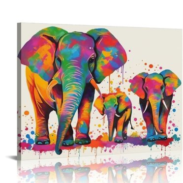 Artley Prints Elephant Family Portrait – Colourful Abstract Canvas Wall Art, Modern UK Print