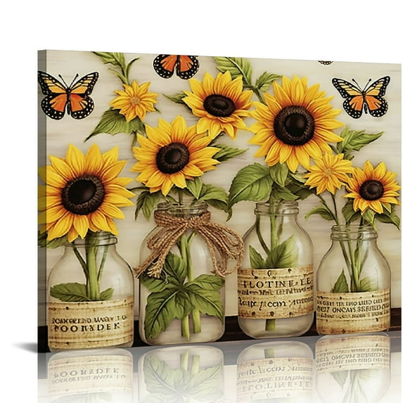 GOSMITH Farmhouse Bathroom Decor Wall Art Rustic Bathroom Art Sunflower In Mason Jar Theme Picture Relax Soak Unwind Sign Flower Canvas Picture Wood Background Bathroom Pictures Artwork Framed
