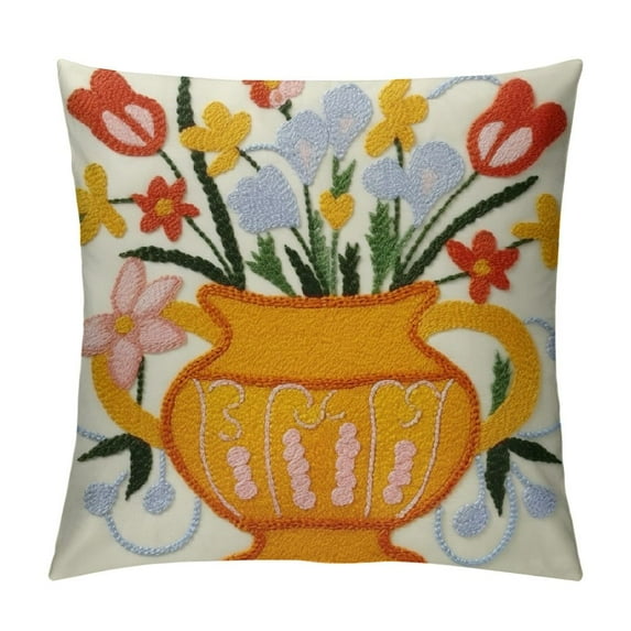 GOSMITH  Farmhouse Floral Blossom Tufted Throw Pillow Cover Spring Colorful Flower Vase Leaves Pillowcase Soft Square Cushion Case Yellow