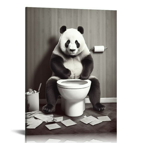 GOSMITH Farmhouse Funny Bathroom Panda Wall Art Black and White Rustic Country Bathroom Panda on Toilet Pictures Wall Decor Farmhouse Bathroom Sign Canvas Prints Painting Modern Home Framed