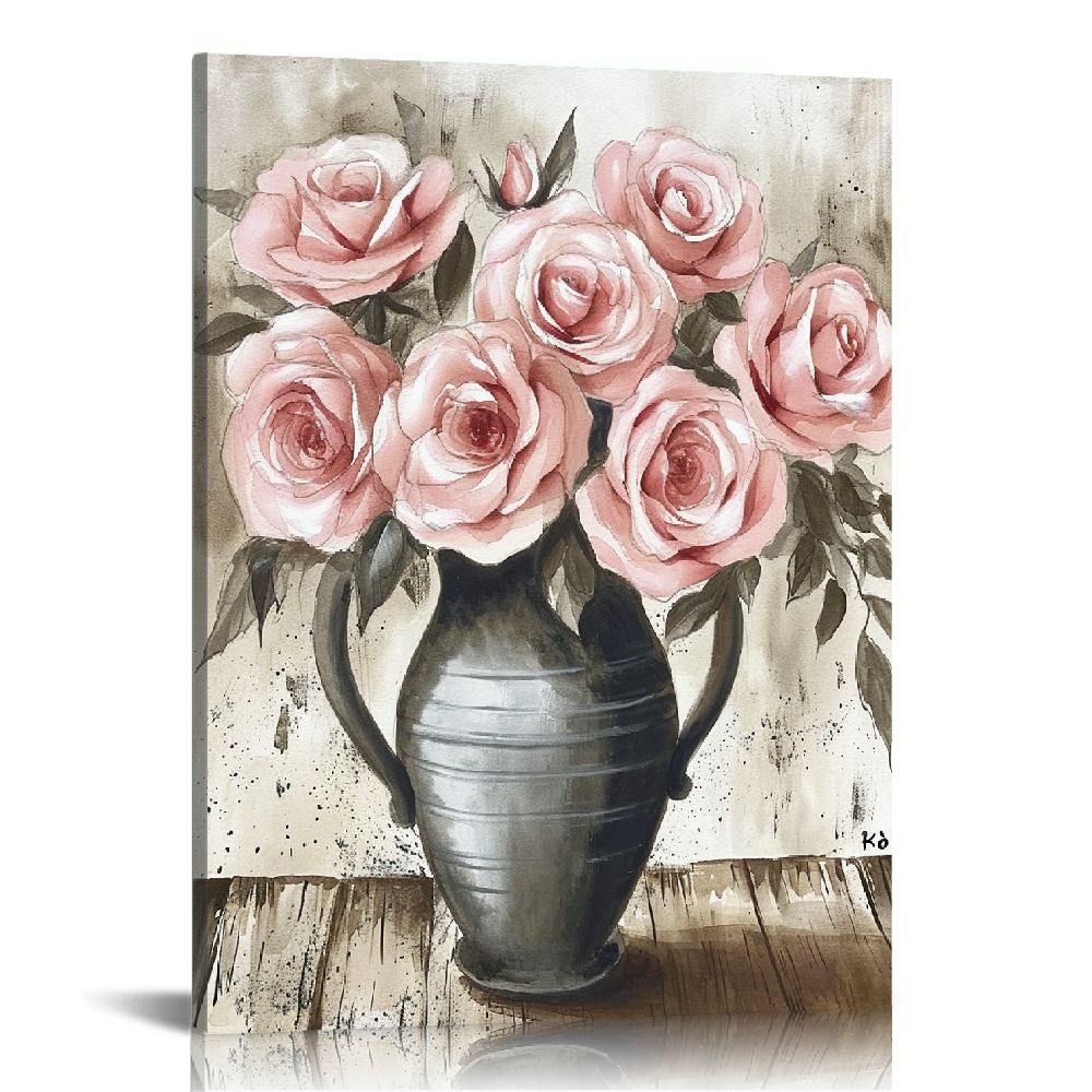 GOSMITH Floral Bouquet Canvas Wall Art Pink Rose Flower in Vintage Vase ...