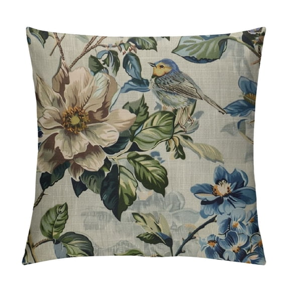 GOSMITH Floral Pillow Case Spring Plant Flowers Hydrangea Hibiscus Iris Bird Leaf Throw Pillow Cover for Home Sofa Decorative Square Cushion Blue Green White