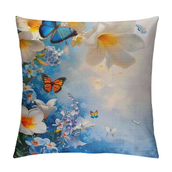 GOSMITH Floral Pillow Cover, Blue and White Wild Flowers with Monarch Butterflies Lily Therapy Spa Art Prints Decorative Pillow Cover Cushion Cover Home Decor Pillowcase