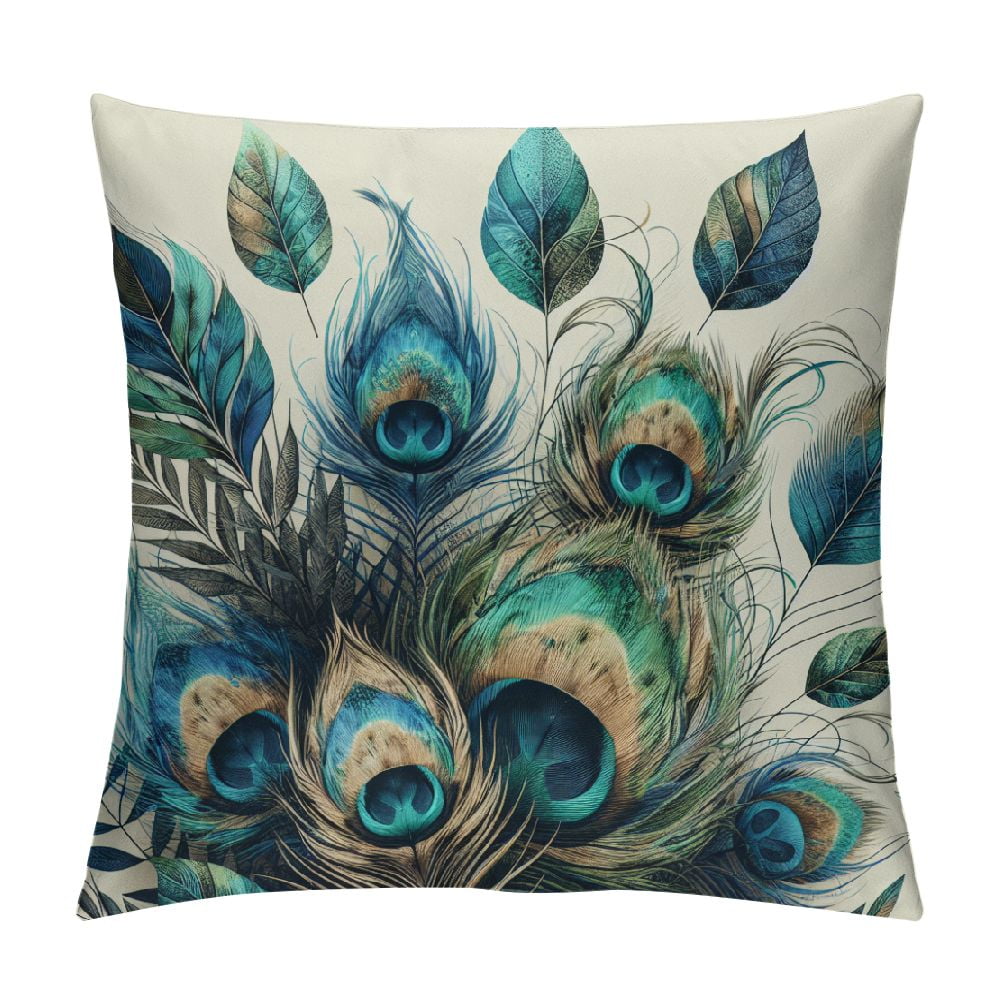 GOSMITH Floral Throw Pillow Cover Realistic Peacock Feathers Blue Shiny