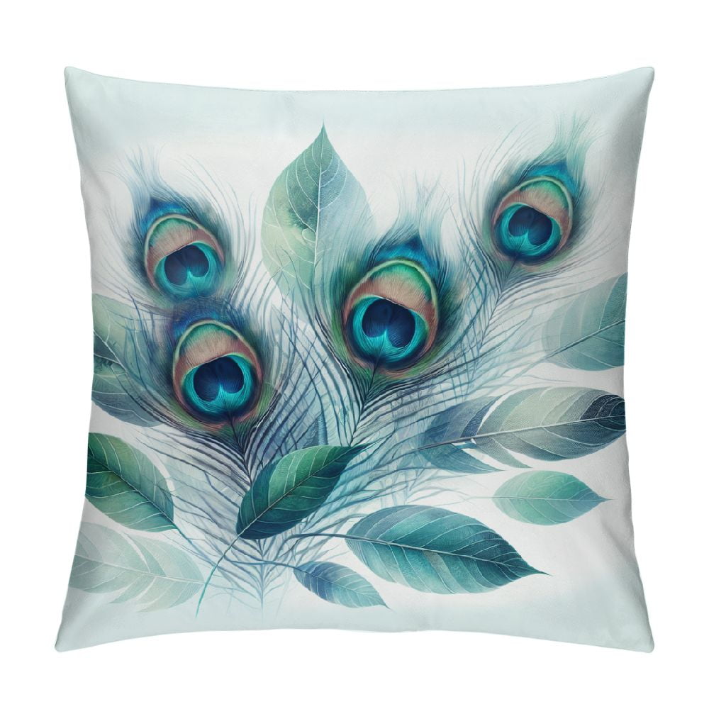 GOSMITH Floral Throw Pillow Covers Realistic Peacock Feathers Blue