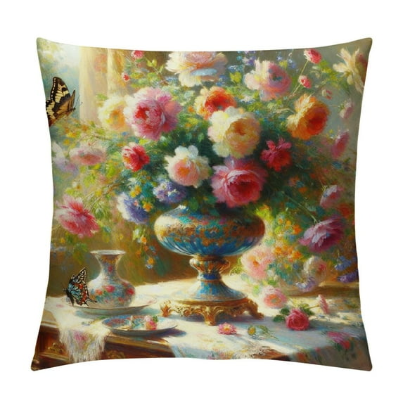 GOSMITH Floral Throw Pillow Cushion Cover, Vibrant Flower Bouquet with Daisy Peony Gerbera Petals Romantic Arrangement Print, Decorative Square Accent Pillow Case, Purple and Red
