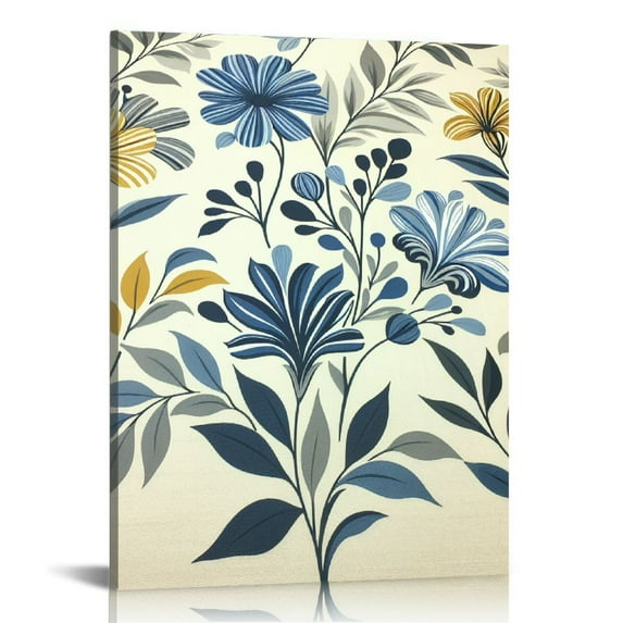 GOSMITH Flowers Teal Grey Mustard Yellow Floral Decorative Spring Summer Navy Blue Leaf Canvas Print 16x20 in / 12x16 in 12x16 in
