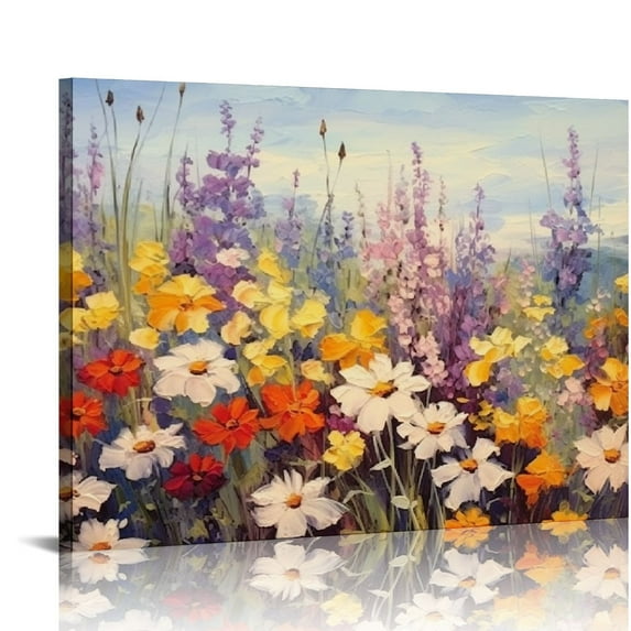 GOSMITH Flowers Wall Art Canvas Daisy Colorful 3d Textured Picture Landscape Wildflowers Painting, Purple Yellow Floral Artwork Large Framed for Living Room Bedroom Bathroom 16x20in