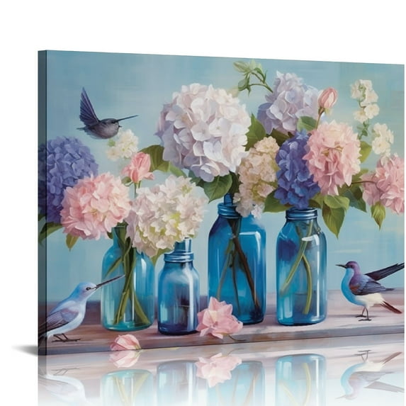 GOSMITH  Flowers Wall Art White Floral Canvas Picture Rose Hydrangea Wall Decor Bird Print Blue Painting Contemporary Artwork Living Room Bedroom Kitchen Home Decor Framed Ready to Hang