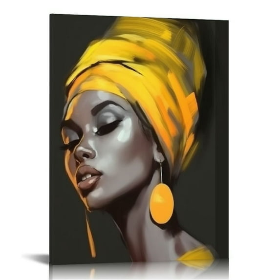 GOSMITH Framed African American Women Canvas Wall Art Black Woman Yellow Hair Beauty Abstract Painting Canvas Prints Living Room Bedroom Bathroom Home Decoration Ready to Hang,12x16 inch