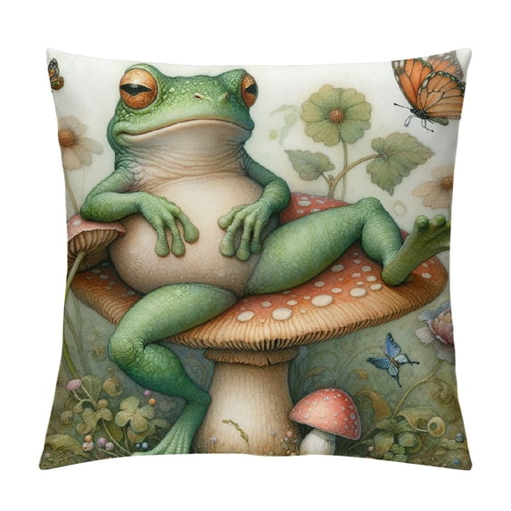 Leisuo Frog Pillow Case Cushion Cover Kawaii Decor Throw Pillow Cover Frog Mushrooms Decorative Throw Pillowcase for Cute Mushroom Decor Green Red Cushion Case
