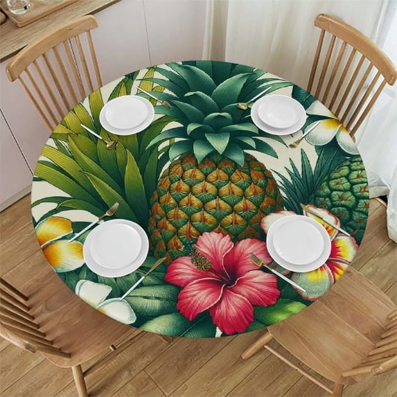 GOSMITH Full Width Single-Sided Printing Leaf Hawaiian Pineapples Tropical Palm Leaves Flowers Round Tablecloth White