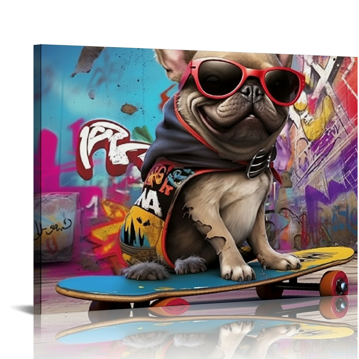 GOSMITH Funny Canvas Wall Art Funky Dog Play Skateboard Graffiti