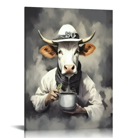 Leisuo Funny Cow Canvas Wall Art - Cooking Cow Picture in the Kitchen - Animal Print Painting Framed 12x16“/16X20" Artwork for Home Décor