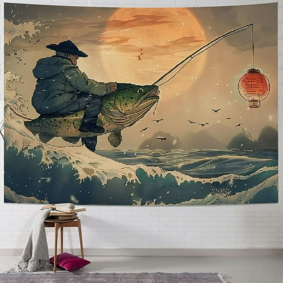 GOSMITH Funny Tapestry Frogs Holding Lantern Sitting on Koi Fish Big Japanese Waves Decor Japan Traditional Painting Vintage Fun Animal Navy Curtain Fabric Art Decor Painting