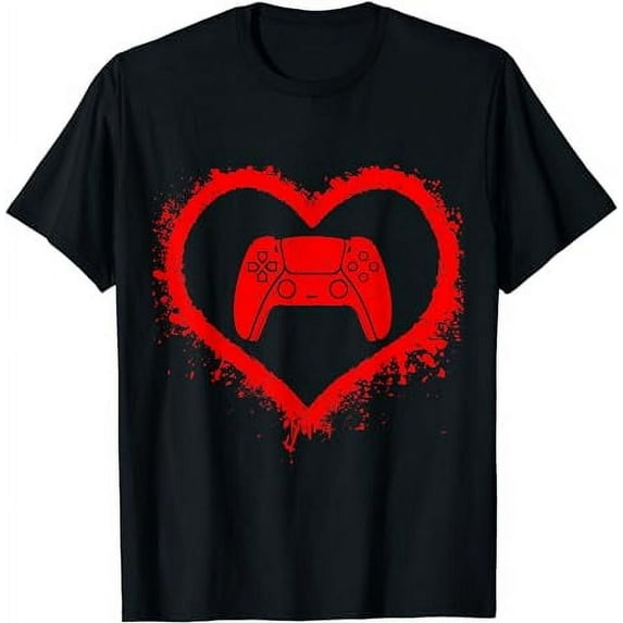 Leisuo Gamer Heart Valentines Day Video Games Boys Kids Teens T-Shirt black